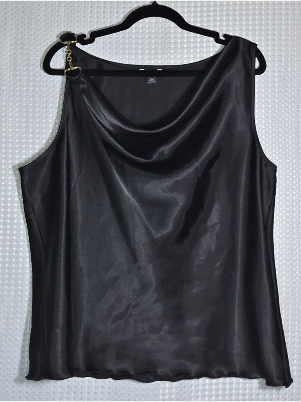 Cache XL Black Satin Cowl Neck Top Gold Buckle Shoulder Cocktail Chic - Picture 3 of 12